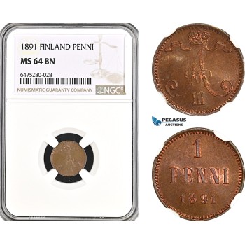 AH54, Finland, Alexander III. of Russia, 1 Penni 1891, Helsinki Mint, NGC MS64BN