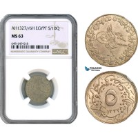 AH556, Ottoman Empire, Egypt, Mehmed Reshad V, 5/10 Qirsh AH1327//6 H, Heaton Mint, NGC MS63