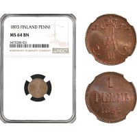 AH56, Finland, Alexander III. of Russia, 1 Penni 1893, Helsinki Mint, NGC MS64BN