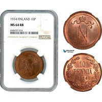 AH566, Finland, Nicholas II. of Russia, 10 Penniä 1914, Helsinki Mint, NGC MS64RB