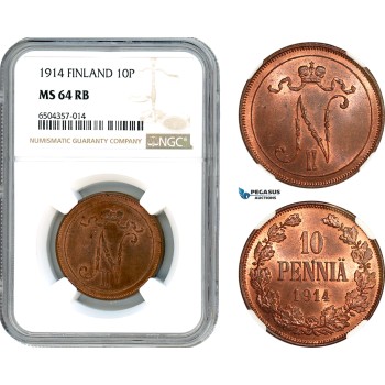 AH566, Finland, Nicholas II. of Russia, 10 Penniä 1914, Helsinki Mint, NGC MS64RB