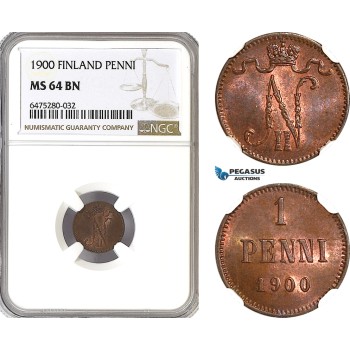 AH57, Finland, Nicholas II. of Russia, 1 Penni 1900, Helsinki Mint, NGC MS64BN
