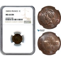 AH571, France, Second Republic, 1 Centime 1849 A, Paris Mint, NGC MS64BN