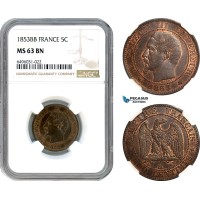 AH574, France, Napoleon III, 5 Centimes 1853 BB, Strasbourg Mint, NGC MS63BN