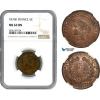 AH575, France, Third Republic, 5 Centimes 1876 K, Bordeaux Mint, NGC MS63BN
