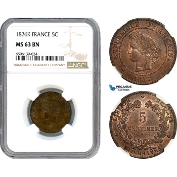AH575, France, Third Republic, 5 Centimes 1876 K, Bordeaux Mint, NGC MS63BN