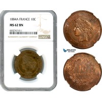 AH577, France, Third Republic, 10 Centimes 1884 A, Paris Mint, NGC MS62BN