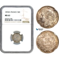 AH578, France, Third Republic, 50 Centimes 1895 A, Paris Mint, Silver, NGC MS63