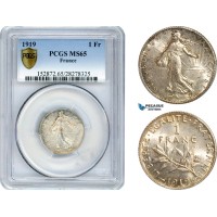 AH580, France, Third Republic, 1 Franc 1919, Paris Mint, Silver, PCGS MS65