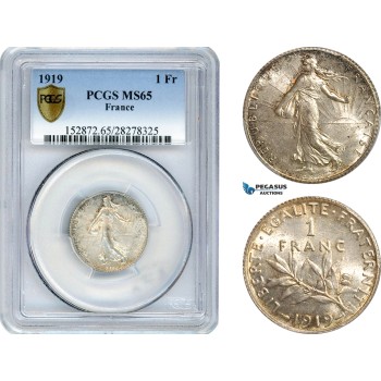 AH580, France, Third Republic, 1 Franc 1919, Paris Mint, Silver, PCGS MS65