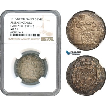 AH587, France, 1816 Silver Medal by Gatteaux, Amiens Notaires, NGC MS61