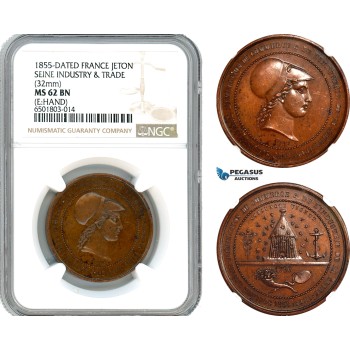 AH589, France, 1855 Bronze Medal, Seine Industry, Minerva, Bee Hive, NGC MS62BN