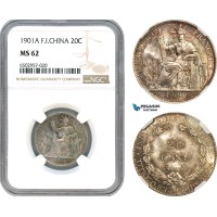 AH594, French Indo-China, 20 Centimes 1901 A, Paris Mint, Silver, NGC MS62
