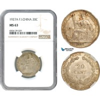 AH595, French Indo-China, 20 Centimes 1927 A, Paris Mint, Silver, NGC MS63