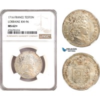 AH60, France, Lorraine, Leopold I, Teston 1716, Nancy Mint, Silver, KM# 96, NGC MS62+