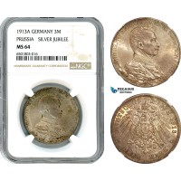 AH604, Germany, Prussia, Wilhelm II, 3 Mark 1913 A, Berlin Mint, Silver Jubilee, Silver, NGC MS64