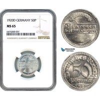 AH606, Germany, Weimar Republic, 50 Pfennig 1920 D, Munich Mint, NGC MS65