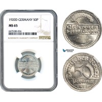 AH607, Germany, Weimar Republic, 50 Pfennig 1920 D, Munich Mint, NGC MS65