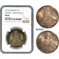 AH610, Germany, Saxony, 3 Mark 1913 E, Muldenhutten Mint, Leipzig Battle, Silver, NGC MS64