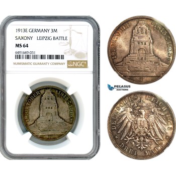 AH610, Germany, Saxony, 3 Mark 1913 E, Muldenhutten Mint, Leipzig Battle, Silver, NGC MS64
