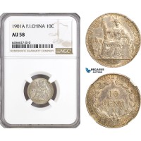 AH62, French Indo-China, 10 Centimes 1901 A, Paris Mint, Silver, NGC AU58