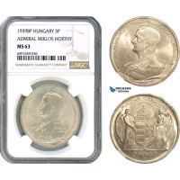 AH637, Hungary, Miklos Horthy, 5 Pengo 1939 BP, Budapest Mint, Silver, NGC MS63
