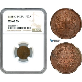 AH642, India, East India Company, 1/12 Anna 1848 C, Calcutta Mint, NGC MS64BN