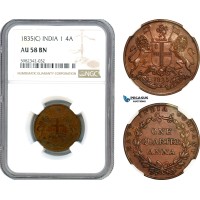 AH644, India, East India Company, 1/4 Anna 1835 C, Calcutta Mint, NGC AU58BN