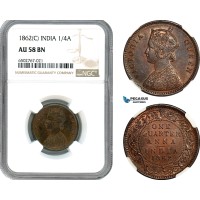 AH646, India (British) Victoria, 1/4 Anna 1862 C, Calcutta Mint, NGC AU58BN