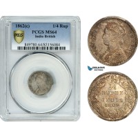 AH647, India (British) Victoria, 1/4 Rupee 1862 C, Calcutta Mint, Silver, PCGS MS64