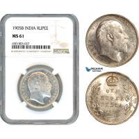AH654, India (British) Edward VII, 1 Rupee 1905 B, Bombay Mint, Silver, NGC MS61