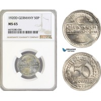 AH66, Germany, Weimar Republic, 50 Pfennig 1920 D, Munich Mint, NGC MS65