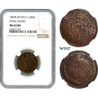 AH667, Italy, Papal States, Gregory XVI, 1/2 Baiocco 1842 R, Rome Mint, NGC MS63BN, Top Pop 1/0!