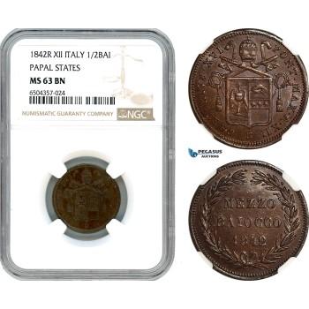 AH667, Italy, Papal States, Gregory XVI, 1/2 Baiocco 1842 R, Rome Mint, NGC MS63BN, Top Pop 1/0!