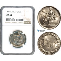 AH669, Italy, Vit. Emanuele III, 1 Lira 1924 R, Rome Mint, NGC MS64