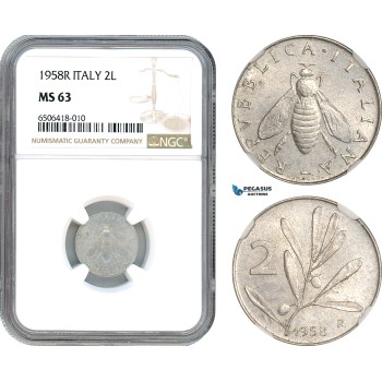 AH671, Italy, 2 Lire 1958 R, Rome Mint, NGC MS63
