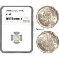 AH714, Netherlands East Indies, Wilhelmina, 1/10 Gulden 1930, Utrecht Mint, Silver, NGC MS64