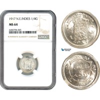 AH715, Netherlands East Indies, Wilhelmina, 1/4 Gulden 1917, Utrecht Mint, Silver, NGC MS64