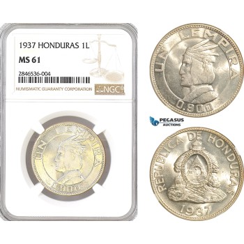 AH73, Honduras, 1 Lempira 1937, Philadelphia Mint, Silver, NGC MS61