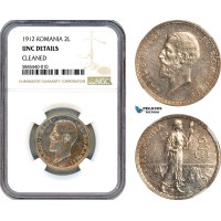 AH750, Romania, Carol I, 2 Lei 1912, Silver, NGC UNC Details