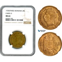 AH756, Romania, Carol II, 20 Lei 1930, Paris Mint, NGC MS64