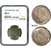 AH760, Romania, Carol II, 100 Lei 1936, Bucharest Mint, NGC MS63