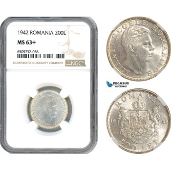 AH763, Romania, Mihai I, 200 Lei 1942, Bucharest Mint, Silver, NGC MS63+