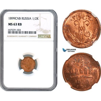 AH768, Russia, Nicholas II, 1/2 Kopek 1899 СПБ, St. Petersburg Mint, NGC MS63RB