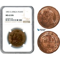 AH789, South Africa (ZAR) 1 Penny 1892, Berlin Mint, NGC MS63BN