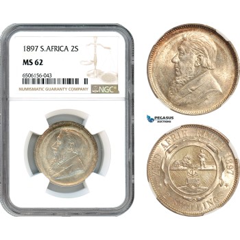 AH792, South Africa (ZAR) 2 Shillings 1897, Pretoria Mint, Silver, NGC MS62