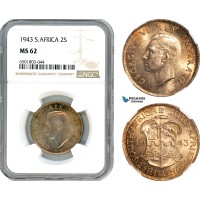 AH796, South Africa, George VI, 2 Shillings 1943, Pretoria Mint, Silver, NGC MS62
