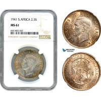 AH797, South Africa, George VI, 2 1/2 Shillings 1941, Pretoria Mint, Silver, NGC MS61