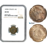 AH802, Straits Settlements, Victoria, 10 Cents 1890 H, Heaton Mint, Silver, NGC AU58