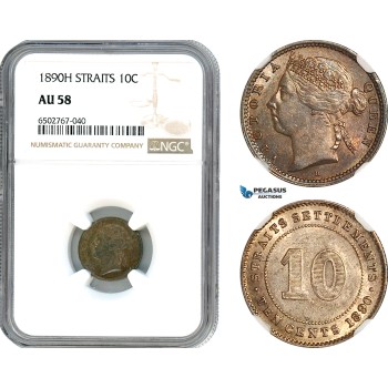 AH802, Straits Settlements, Victoria, 10 Cents 1890 H, Heaton Mint, Silver, NGC AU58